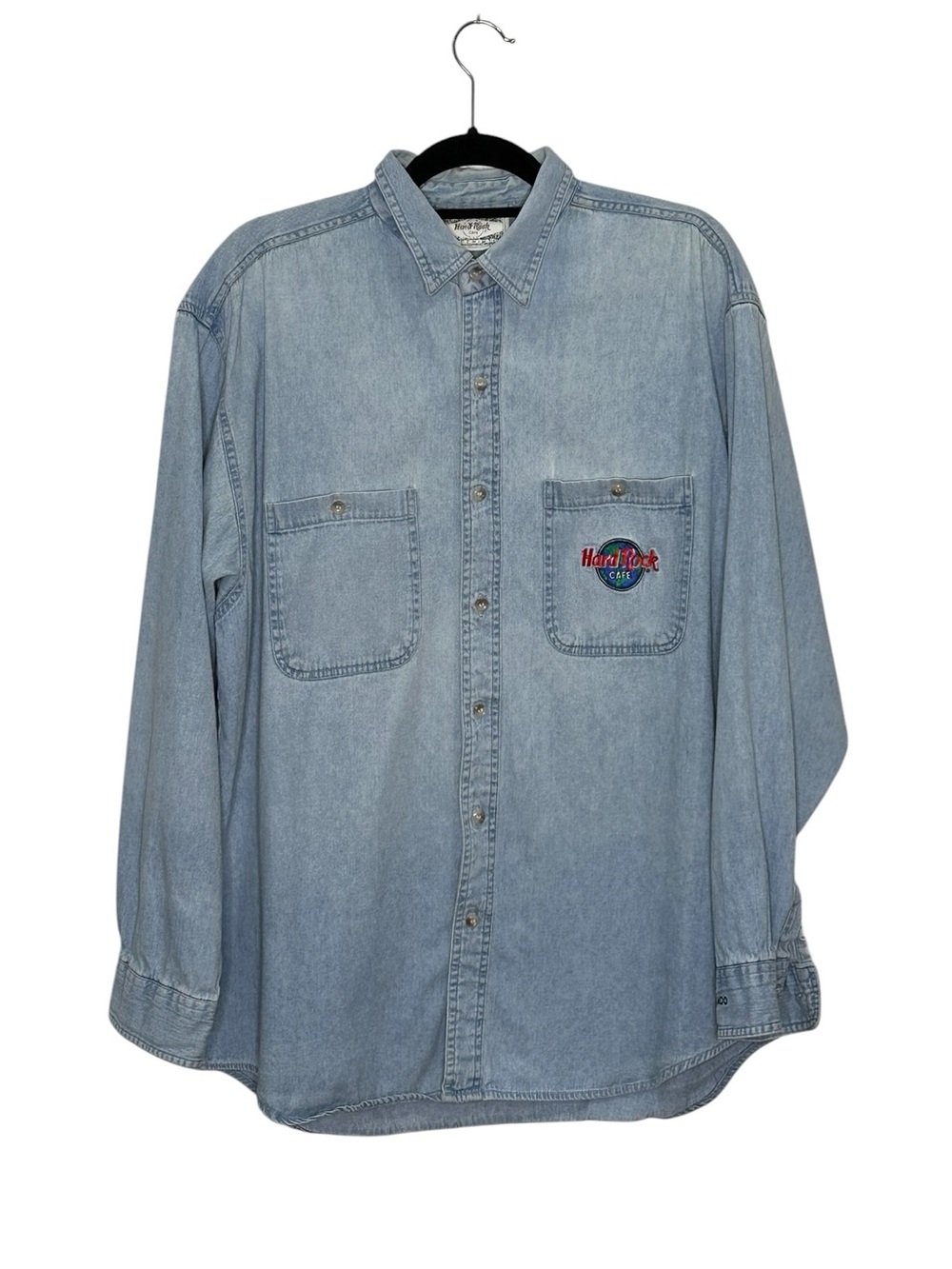 Vintage 90s Hard Rock Orlando Light Blue Denim Button-Up Shirt embroidered. L